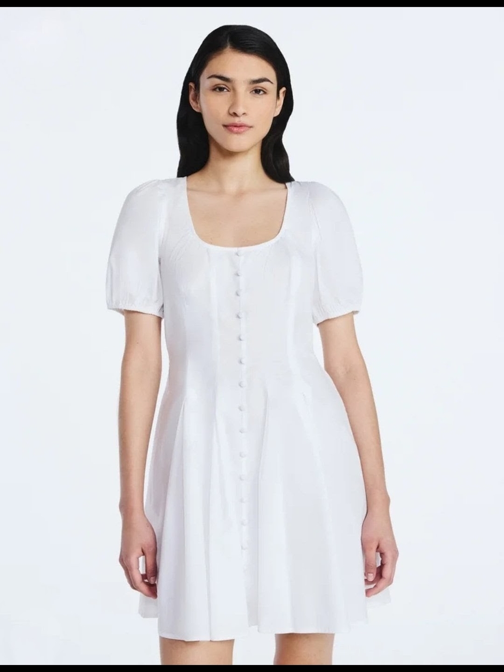 Scoop Button Front Puff-Sleeve Mini Dress in White- Size L (12-14)